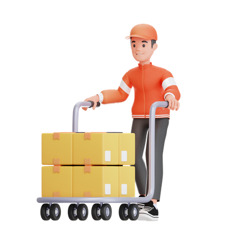 Warehouse worker transporting packages 3D Illustration