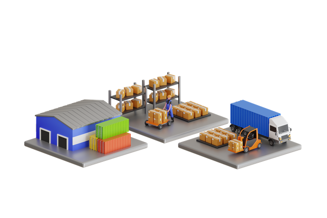 Warehouse workers are arranging goods on the shelves  3D Illustration