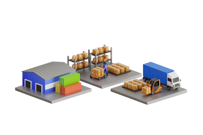 Warehouse workers are arranging goods on the shelves  3D Illustration