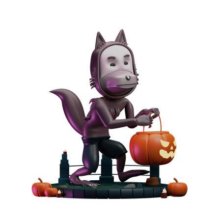 Warewolf andando com uma abóbora assustadora  3D Icon