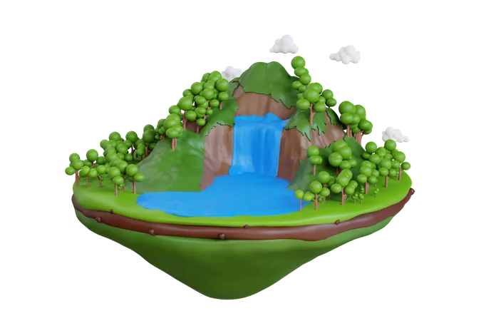 Waterfall 3 D Illustration 3 D Illustration Of Floating Forest Island With Green Grass Waterfall And Mountain 3D Icon