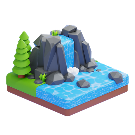 Waterfall With Rocks And Trees  3D Icon