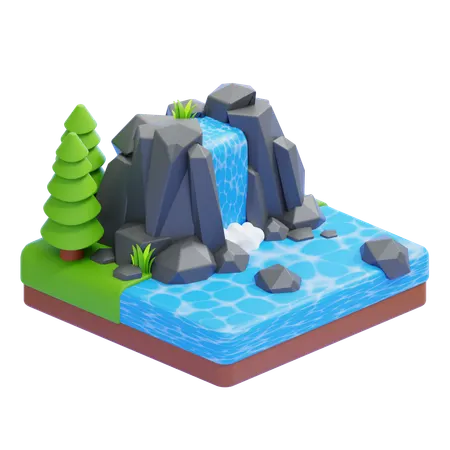 Waterfall With Rocks And Trees  3D Icon