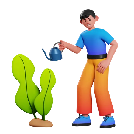 Watering Plants Boy  3D Illustration