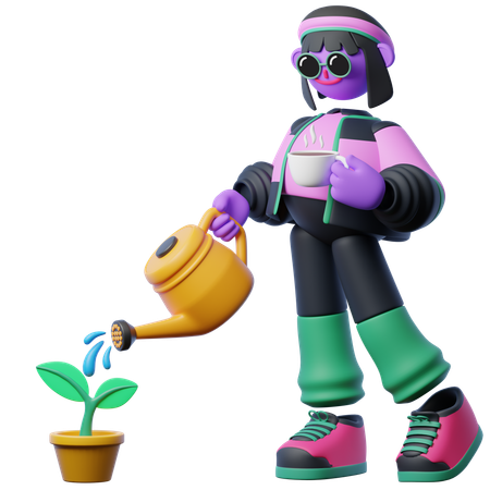 Watering Plants With A Coffee Cup Hand  3D Illustration