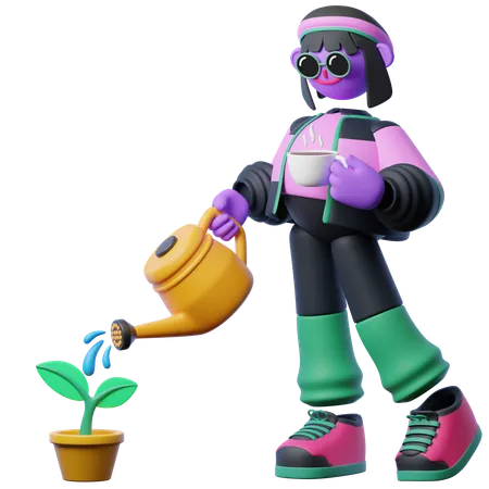 Watering Plants With A Coffee Cup Hand  3D Illustration