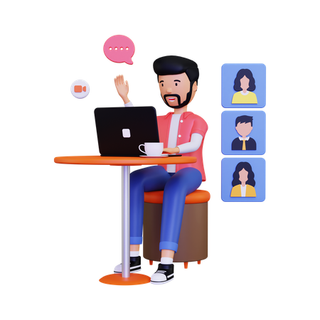 Man say hello to friends during a group video 3D Illustration
