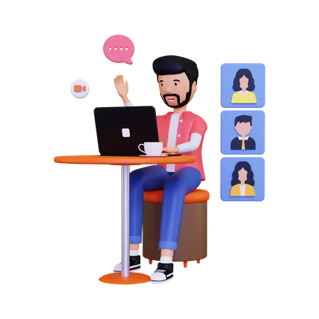 Man say hello to friends during a group video  3D Illustration