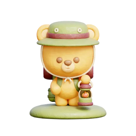 Wcute Bear Holding Lantern While Going For Camping  3D Illustration