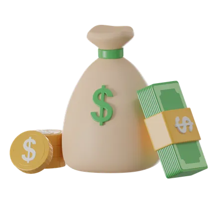 3 D Money Concept Money Bag Coins Stack And Banknotes 3 D Render Illustration 3D Icon