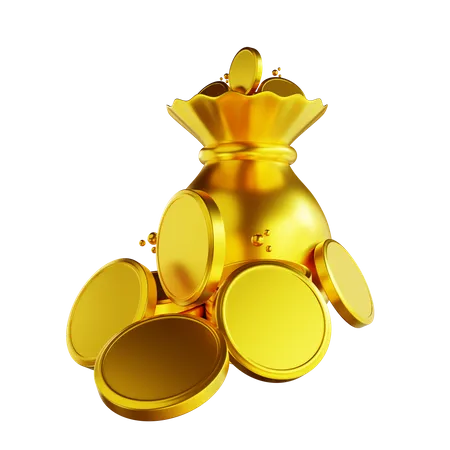 3 D Illustration Golden Common Coin Pile And Coin Bag 3D Illustration