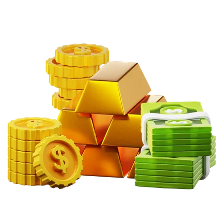 Business And Finance Illustration Coins Dollars Gold Bars Isolated On Transparant Background 3 D Illustration High Resolution 3D Icon