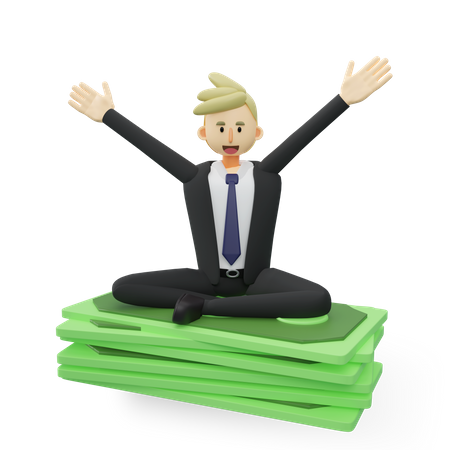 Wealthy businessman sitting on stack of banknote  3D Illustration