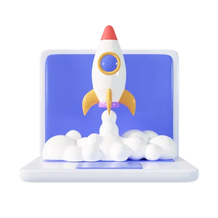 Rocket Launch On Laptop Flying Rocket Icon 3D Illustration