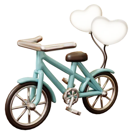 3 D Cute Cartoon Blue Vintage Wedding Bicycle With Heart Balloon Wedding Wedding Invitation Marrying Ceremony Romantic Concept Groom And Bride 3D Icon