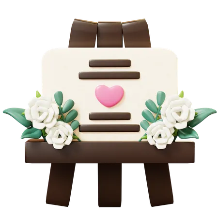 3 D Cute Cartoon Wedding Board Sign Decorated With White Roses And Heart Wedding Wedding Invitation Marrying Ceremony Romantic Concept Groom And Bride 3D Icon