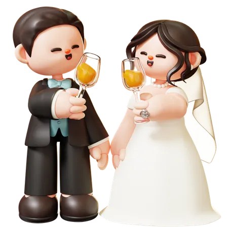 Cute 3 D Cartoon Wedding Couple Cheering With Champagne Glasses Couple In Love Wedding Marriage Valentines Day Love And Romantic Concept 3D Illustration