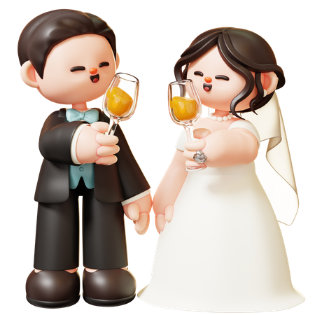 Wedding Couple Cheering With Champagne Glasses  3D Icon