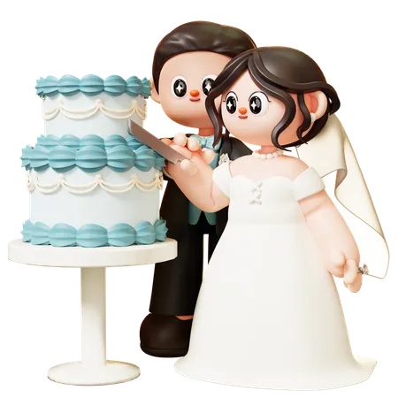 Cute 3 D Cartoon Wedding Couple Cutting Wedding Cake Bride And Groom Hold Knife Couple In Love Wedding Marriage Valentines Day Love And Romantic Concept 3D Illustration