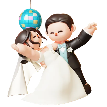 Cute 3 D Cartoon Wedding Couple Dance Just Married Newlyweds With Disco Ball Couple In Love Wedding Marriage Valentines Day Love And Romantic Concept 3D Illustration