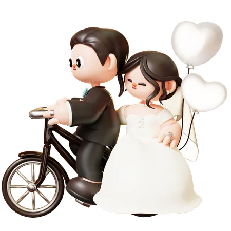 Cute 3 D Cartoon Wedding Couple Ride Bicycle With White Heart Balloon Couple In Love Wedding Marriage Valentines Day Love And Romantic Concept 3D Illustration