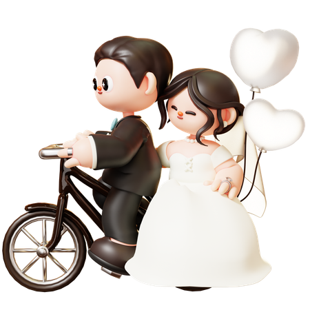 Wedding Couple Ride Bicycle With Heart Balloon  3D Icon