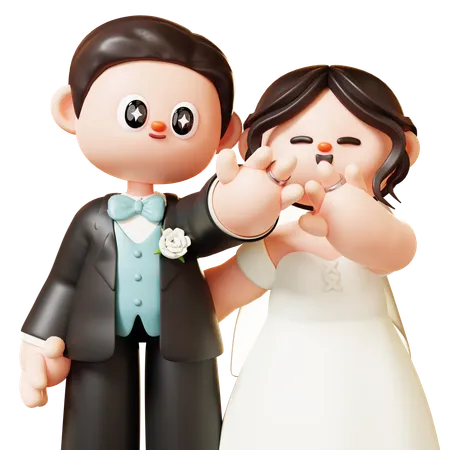 Cute 3 D Cartoon Wedding Couple Showing And Looking Wedding Ring From Their Fingers Couple In Love Wedding Marriage Valentines Day Love And Romantic Concept 3D Illustration