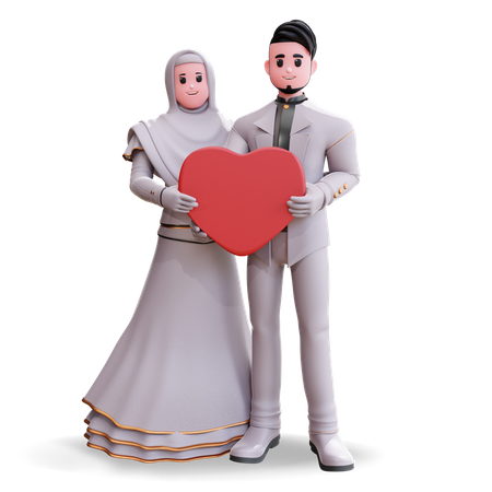 Wedding Couple standing together holding heart in hands  3D Illustration