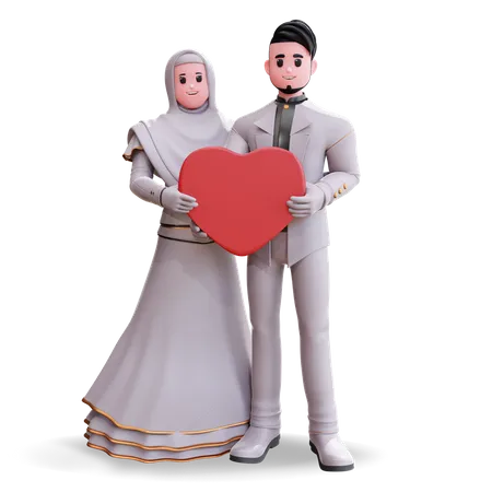 Wedding Couple standing together holding heart in hands  3D Illustration