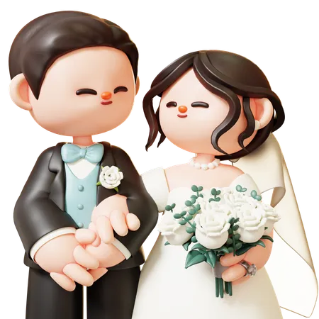 Cute 3 D Cartoon Wedding Couple With Bouquet Looking At Each Other Happily Couple In Love Wedding Marriage Valentines Day Love And Romantic Concept 3D Illustration