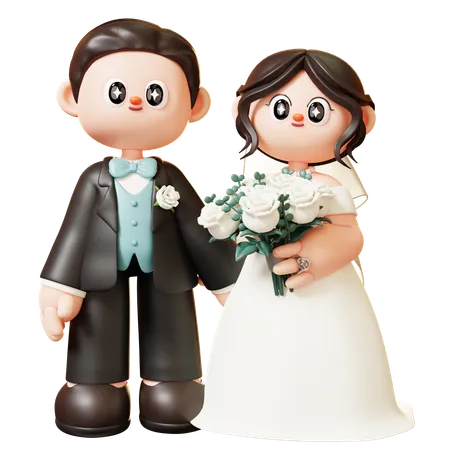 Cute 3 D Cartoon Wedding Couple With Bouquet On Bride Hand Couple In Love Wedding Marriage Valentines Day Love And Romantic Concept 3D Illustration