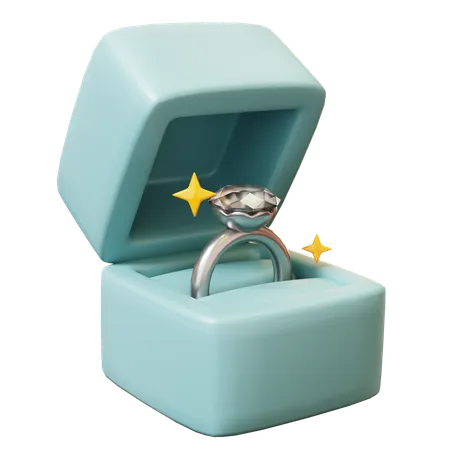 3 D Cute Cartoon Blue Wedding Diamond Ring Box With Shining Star Or Sparkles Wedding Wedding Invitation Marrying Ceremony Romantic Concept Groom And Bride 3D Icon
