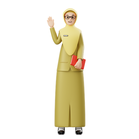 Weibliche Hijab-Lehrerin grüßt, während sie Buch hält  3D Icon
