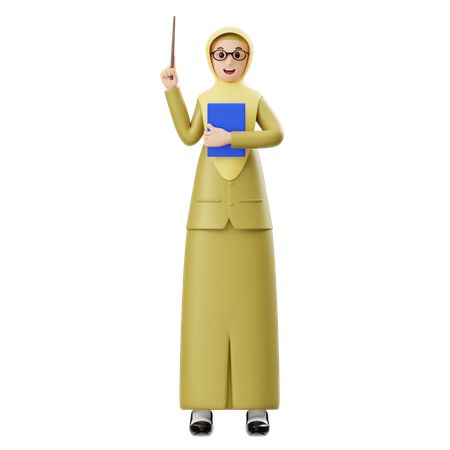 Weibliche Hijab-Lehrerin hält Stock, während sie Buch hält  3D Icon