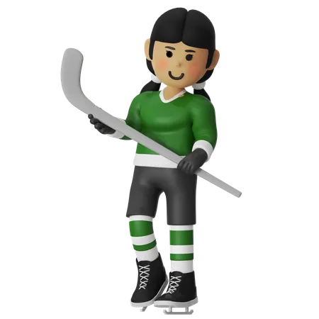 Weibliche Hockeyspielerin stehend mit Hockey  3D Illustration