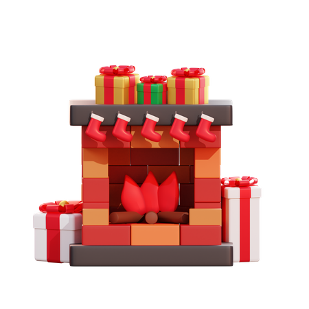 Weihnachtsgeschenkbox und Kamin  3D Illustration