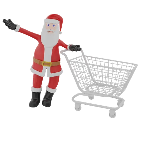 Weihnachtsmann feiert Weihnachtseinkäufe mit Einkaufswagen  3D Illustration
