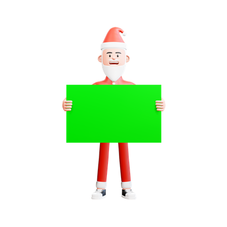 Der Weihnachtsmann hält mit beiden Händen ein grünes Banner vor seinem Körper  3D Illustration