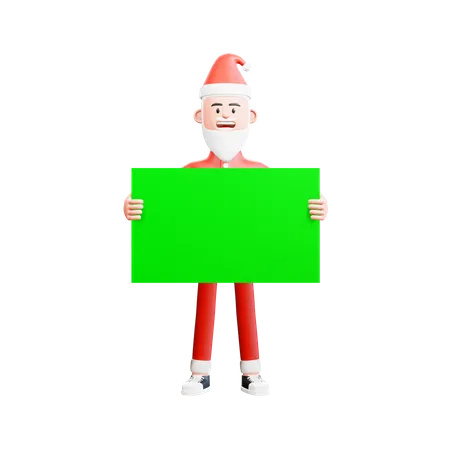 Der Weihnachtsmann hält mit beiden Händen ein grünes Banner vor seinem Körper  3D Illustration