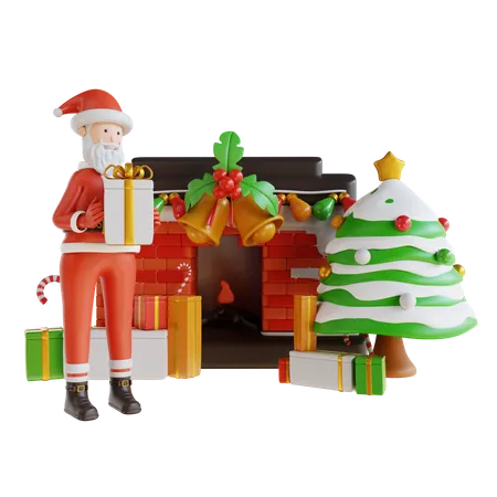 Weihnachtsmann hält Geschenkbox in der Hand und macht Weihnachtsdekoration  3D Illustration