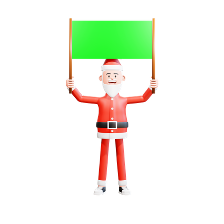 Weihnachtsmann hält grünes Plakat mit beiden Händen  3D Illustration