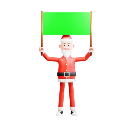 Weihnachtsmann hält grünes Plakat mit beiden Händen  3D Illustration