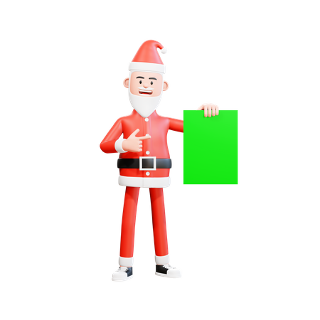 Der Weihnachtsmann hält mit der linken Hand grünes Papier und zeigt mit der rechten Hand  3D Illustration