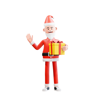 Der Weihnachtsmann hält Weihnachtsgeschenke in der Hand und winkt, um Hallo zu sagen  3D Illustration