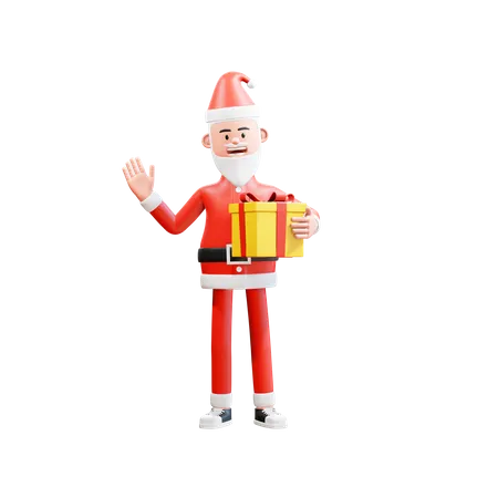 Der Weihnachtsmann hält Weihnachtsgeschenke in der Hand und winkt, um Hallo zu sagen  3D Illustration