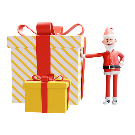 Weihnachtsmann lächelt und lehnt mit der Hand an großes Geschenk  3D Illustration