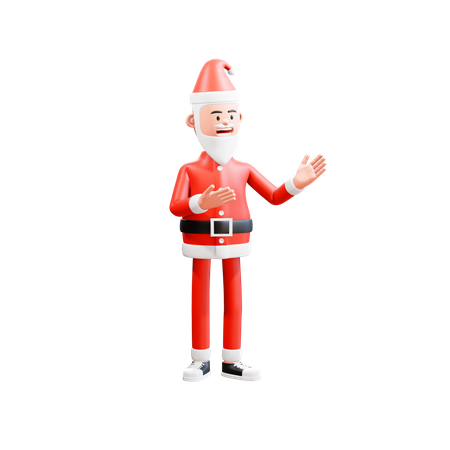 Der Weihnachtsmann lächelt und präsentiert etwas mit beiden Händen  3D Illustration