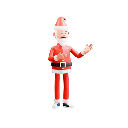 Der Weihnachtsmann lächelt und präsentiert etwas mit beiden Händen  3D Illustration