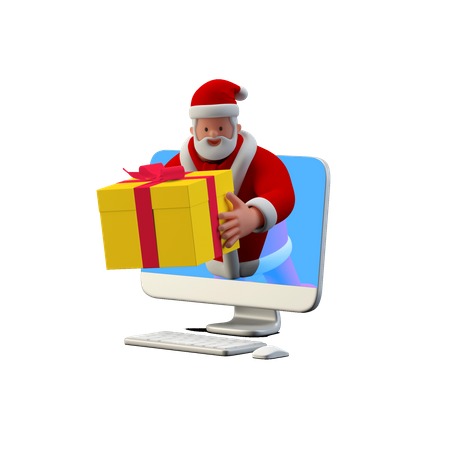 Weihnachtsmann überreicht Online-Geschenk vom Computer  3D Illustration