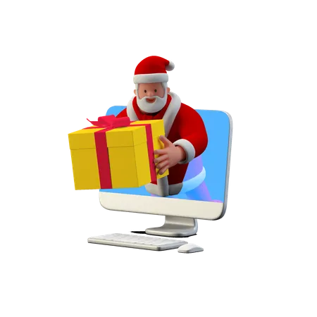 Weihnachtsmann überreicht Online-Geschenk vom Computer  3D Illustration